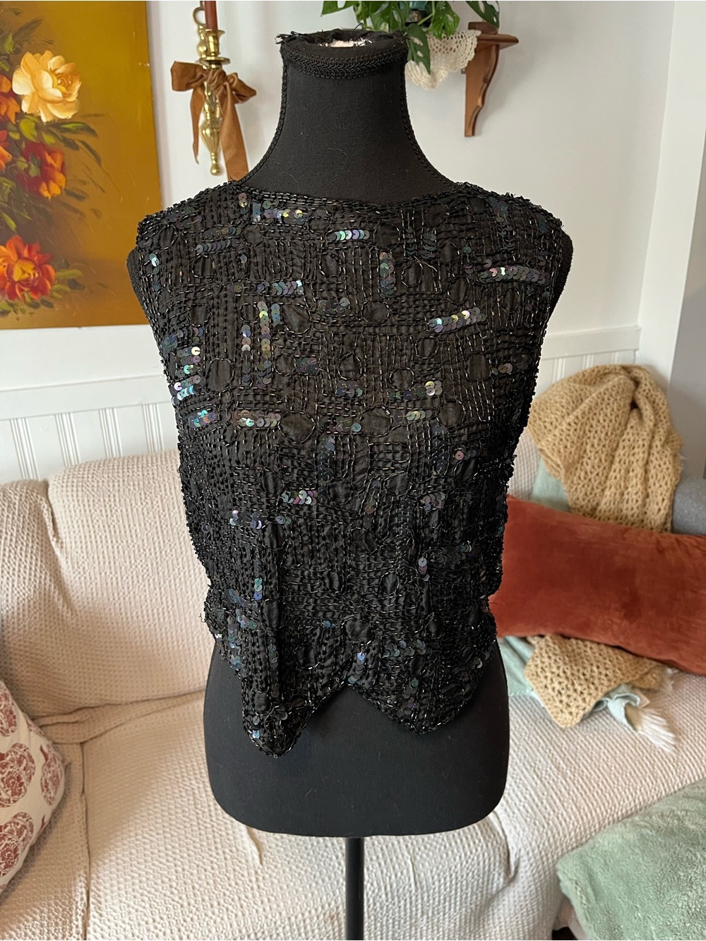 Womens Vintage Silk Black Sequin Beaded Cropped Evening Top - Small